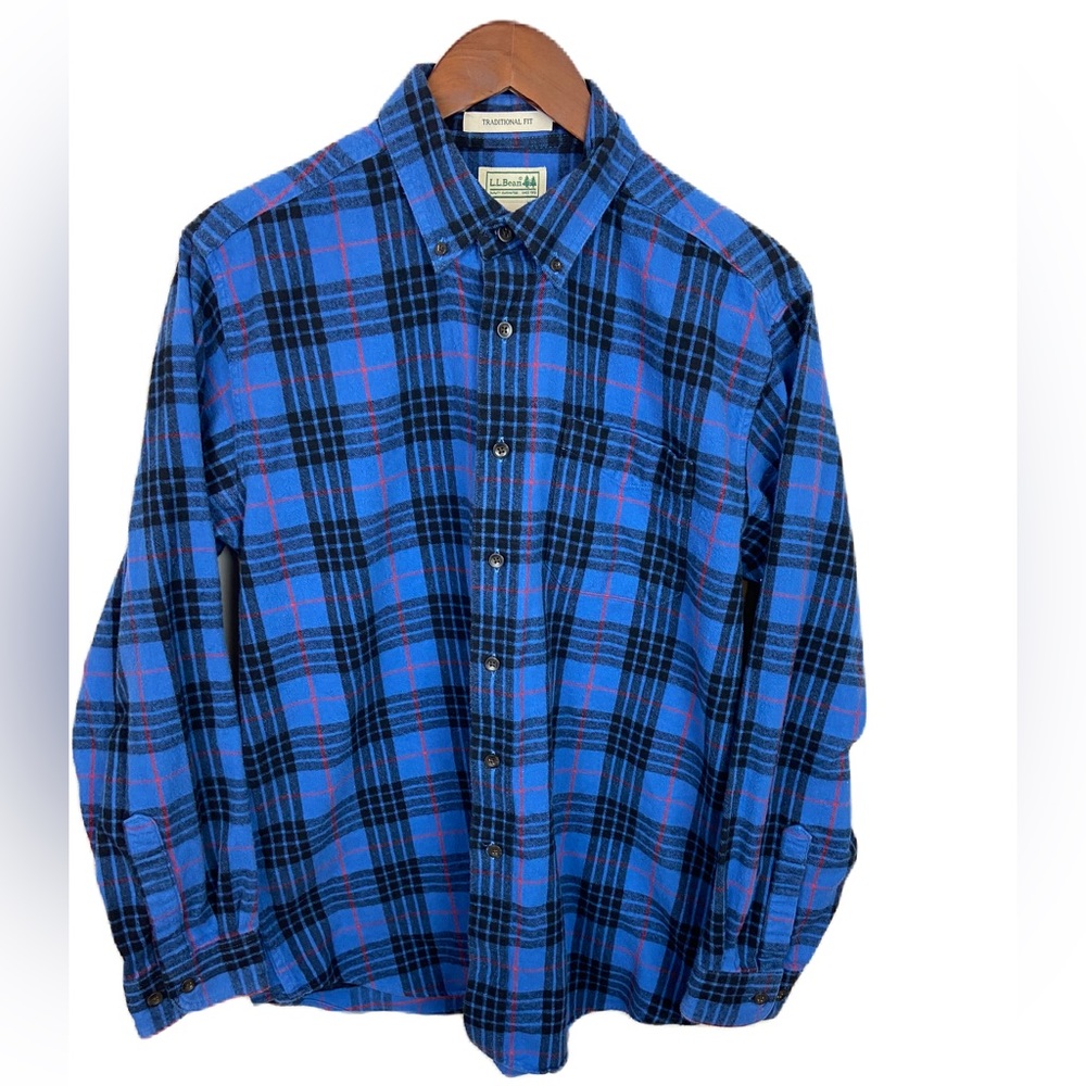 LL Bean Men’s Medium Blue and Red Striped Flannel Long Sleeve Button Up
